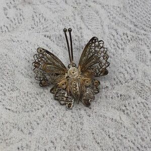 Vintage signed RLS 985 fine silver purity filigree butterfly brooch